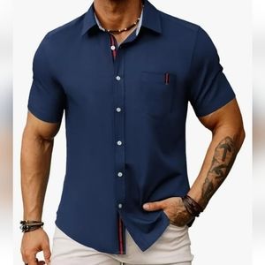 Paul Jones PJ Short Sleeve Buttoned Down Dress Casual Blue Shirt M